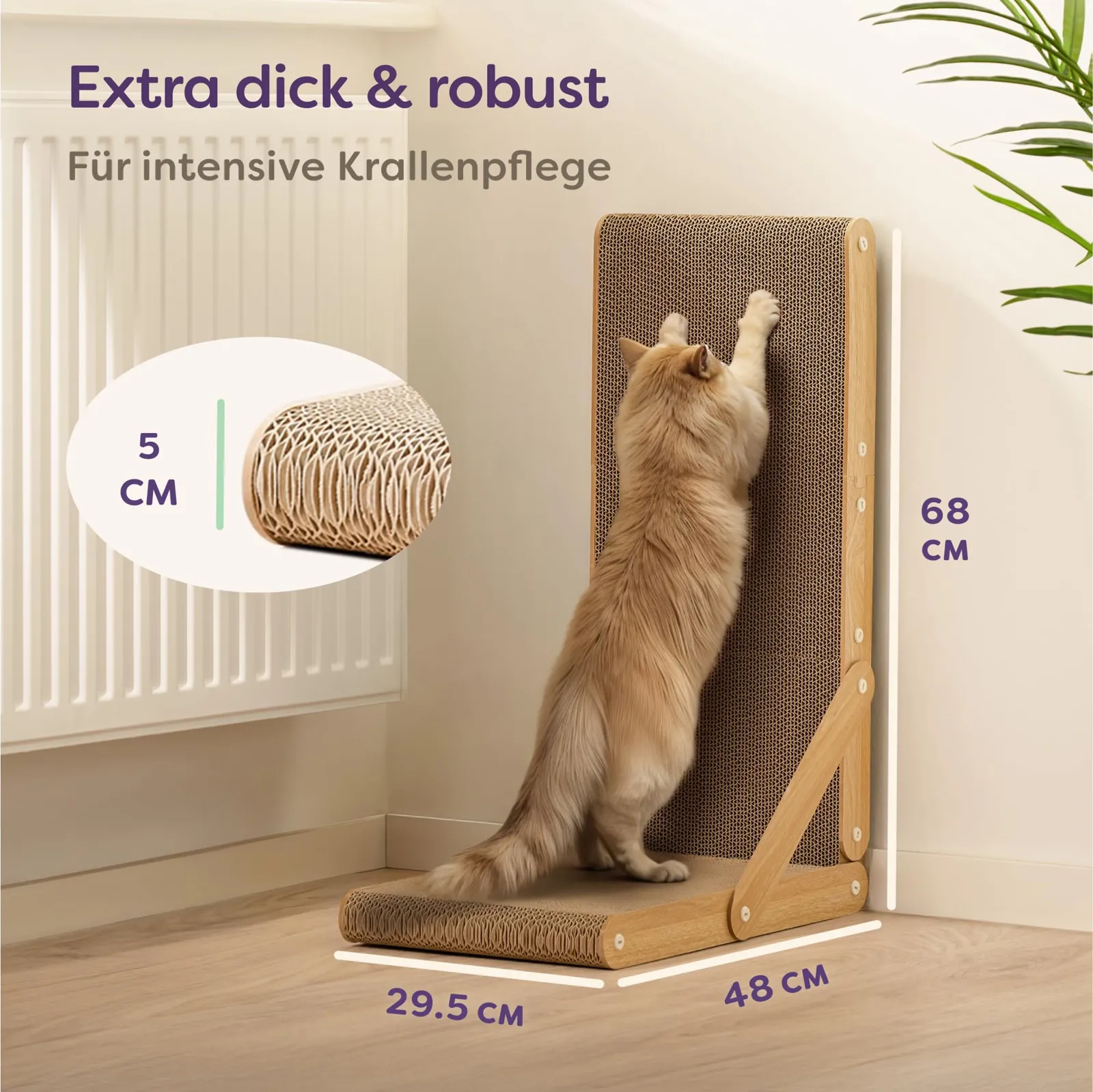 Knupise kraapimislaua mõõdud: 68 cm kõrge, põhi 48 × 29,5 cm, papp 5 cm